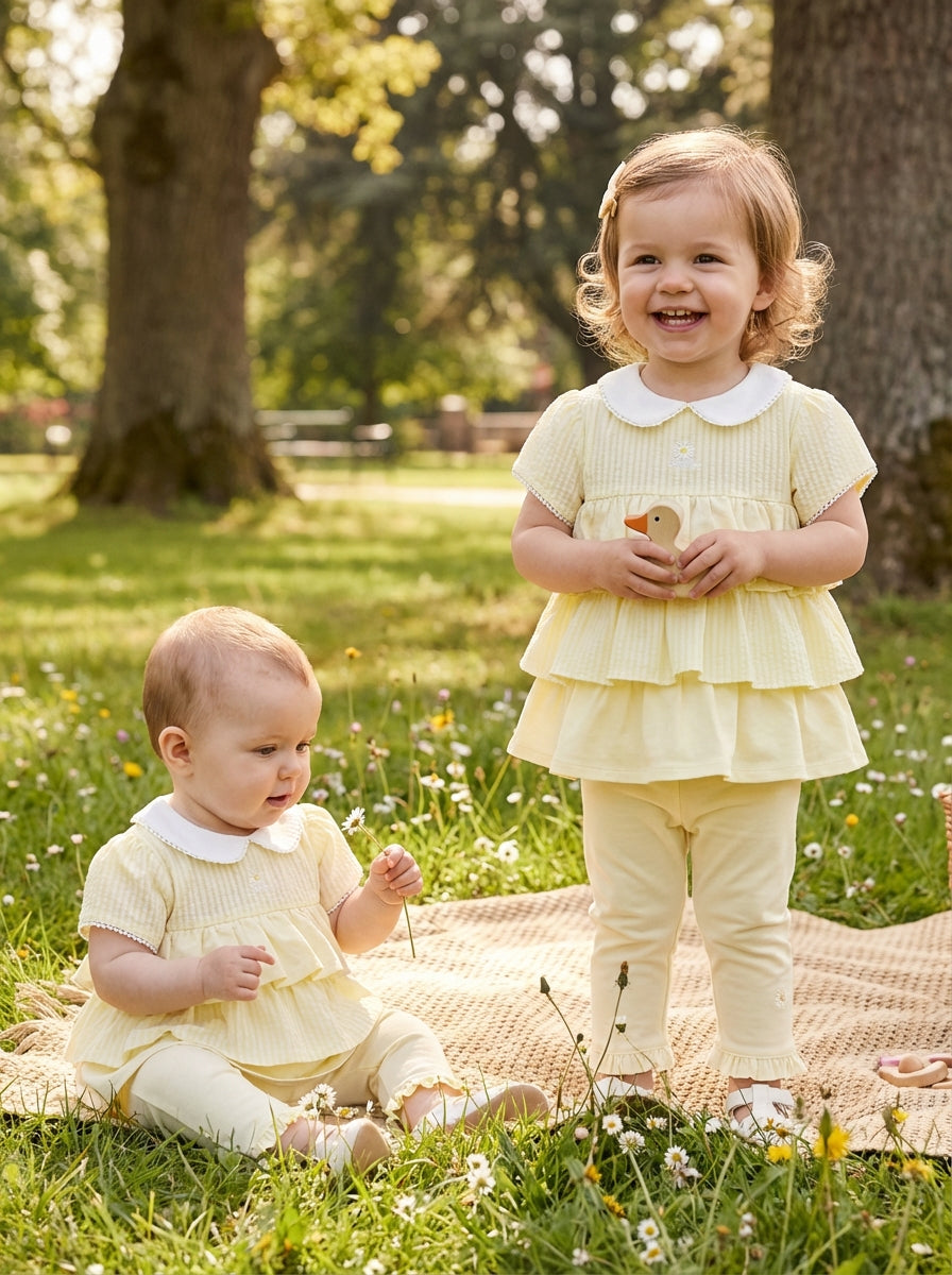 Lemon yellow baby girls ruffle leggings set with white Peter Pan collar, tiered tunic