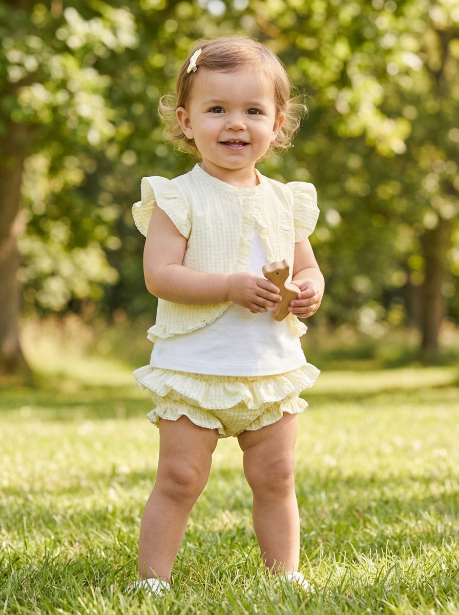 Baby girls or toddler girls frilly jam pants t shirt and little jacket in lemon
