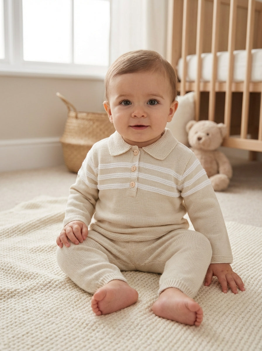Boys Mateo natural suit: beige knit trousers with long-sleeve striped polo top