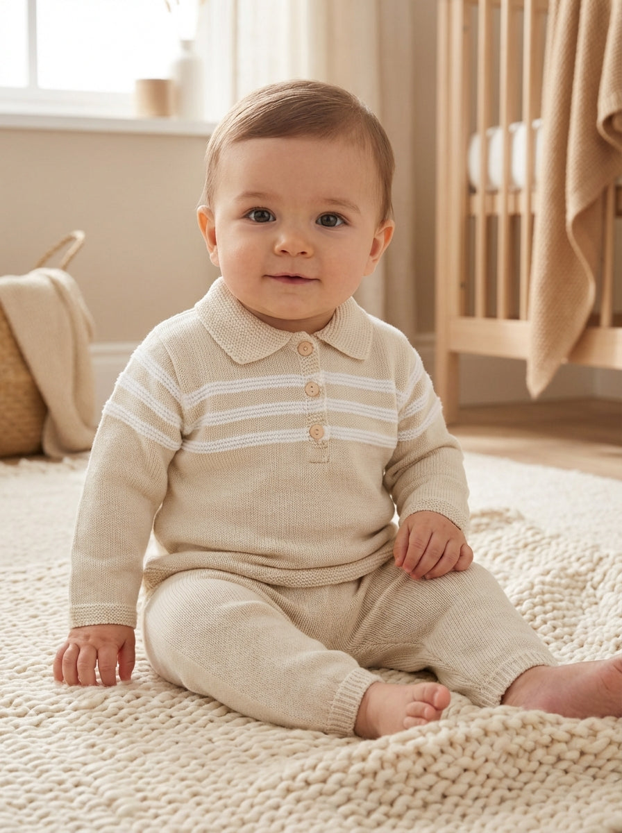 Boys Mateo natural suit: beige knit trousers with striped polo top on model
