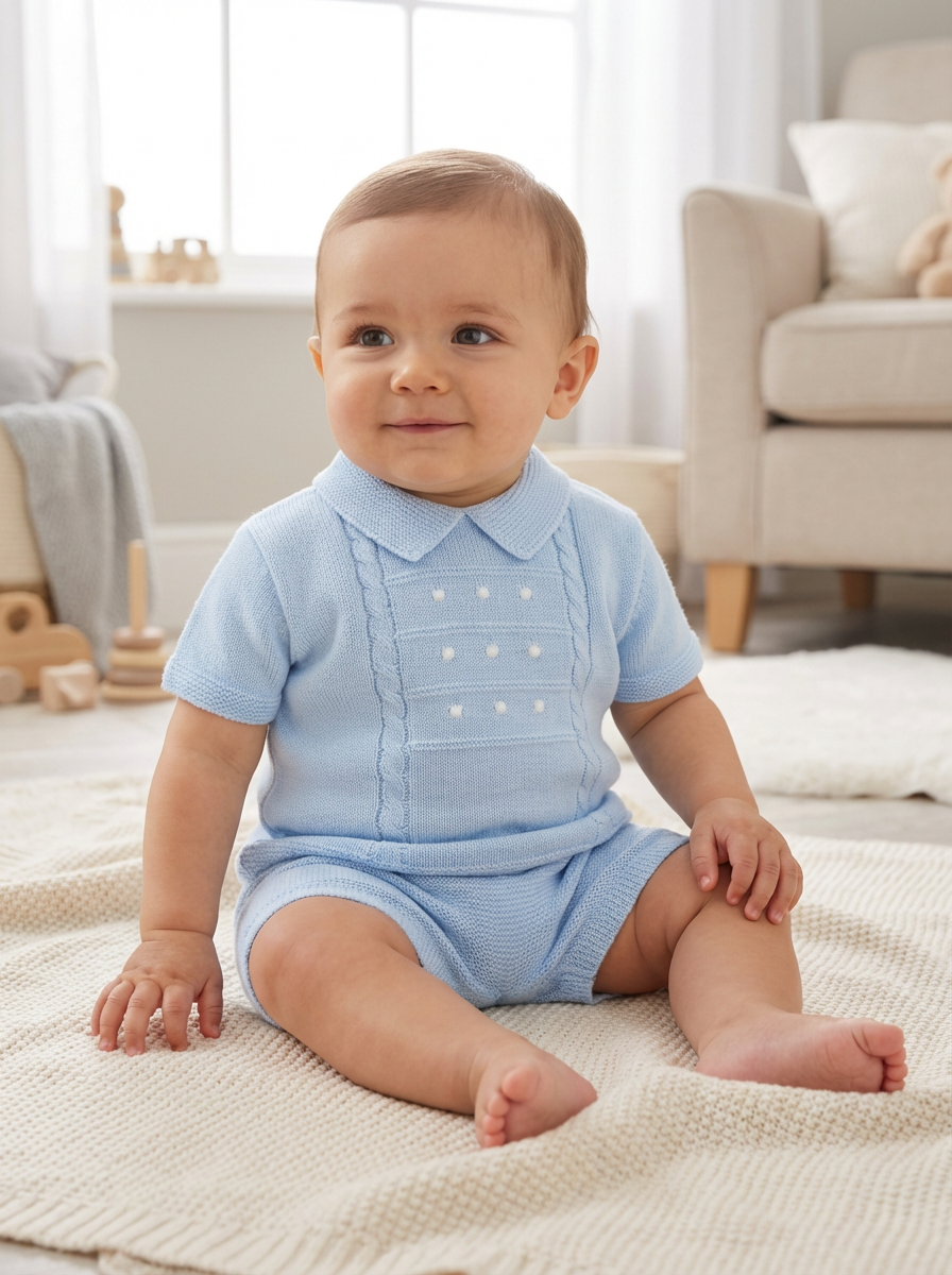 Light blue boys’ shorts suit with polo neckline, white buttons, and cable front