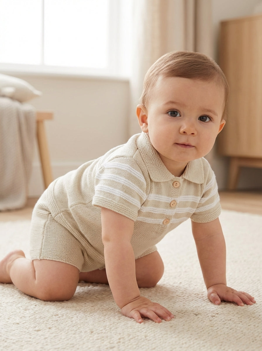 Natural knit shorts set with stripe detail, polo collar, and button placket