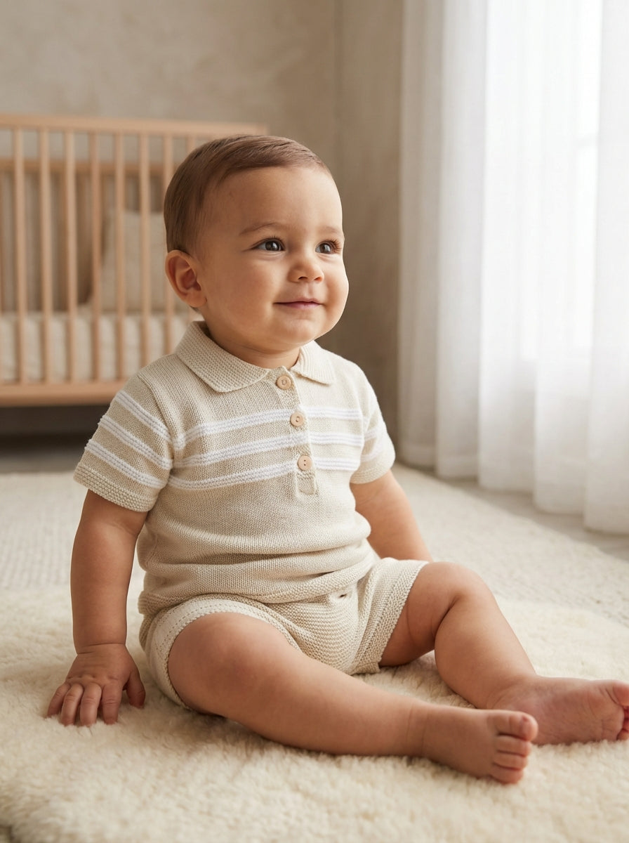 Natural knit set: short-sleeve polo with buttons and shorts