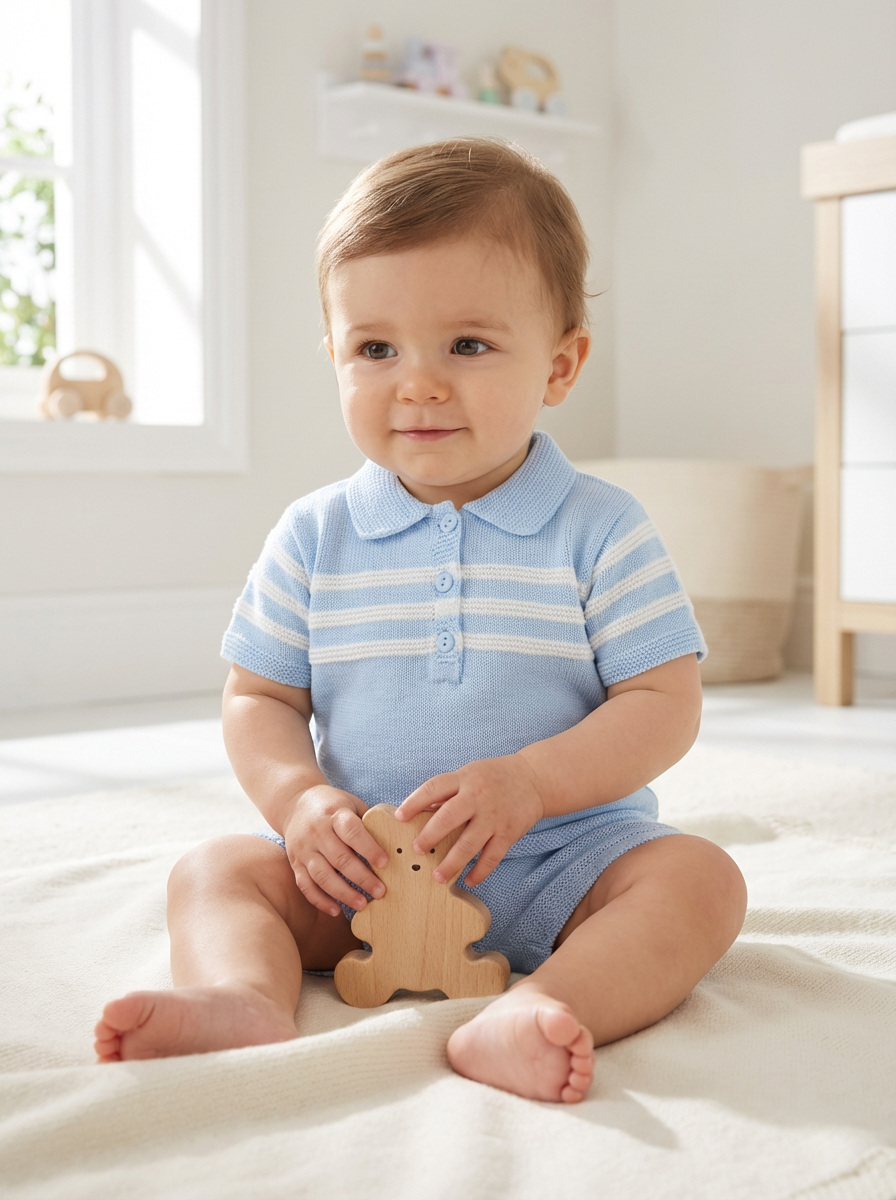 Blue boys Mateo shorts set: striped polo with collar and button placket