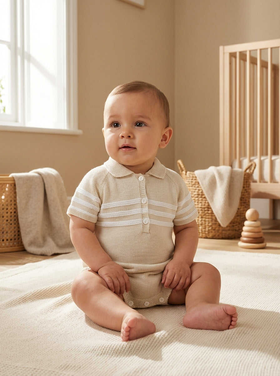 Naturaler Jungen-Body-Overall mit Polo-Kragen, Knöpfen vorn und weiß gestreiften Ärmeln.