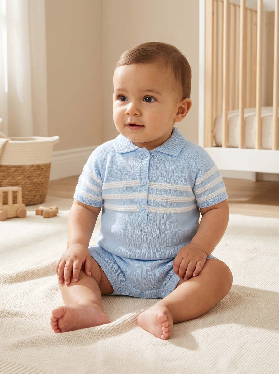 PEX Boys Mateo romper blue knit, striped sleeves, button-front polo collar