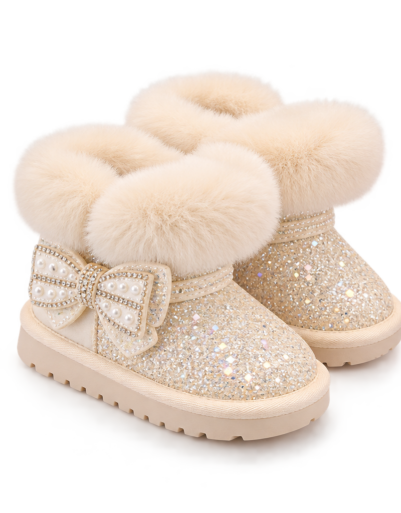 Girls cream glitter winter boots with bow and plush faux-fur cuff