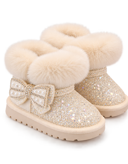 Girls cream glitter winter boots with bow and plush faux-fur cuff