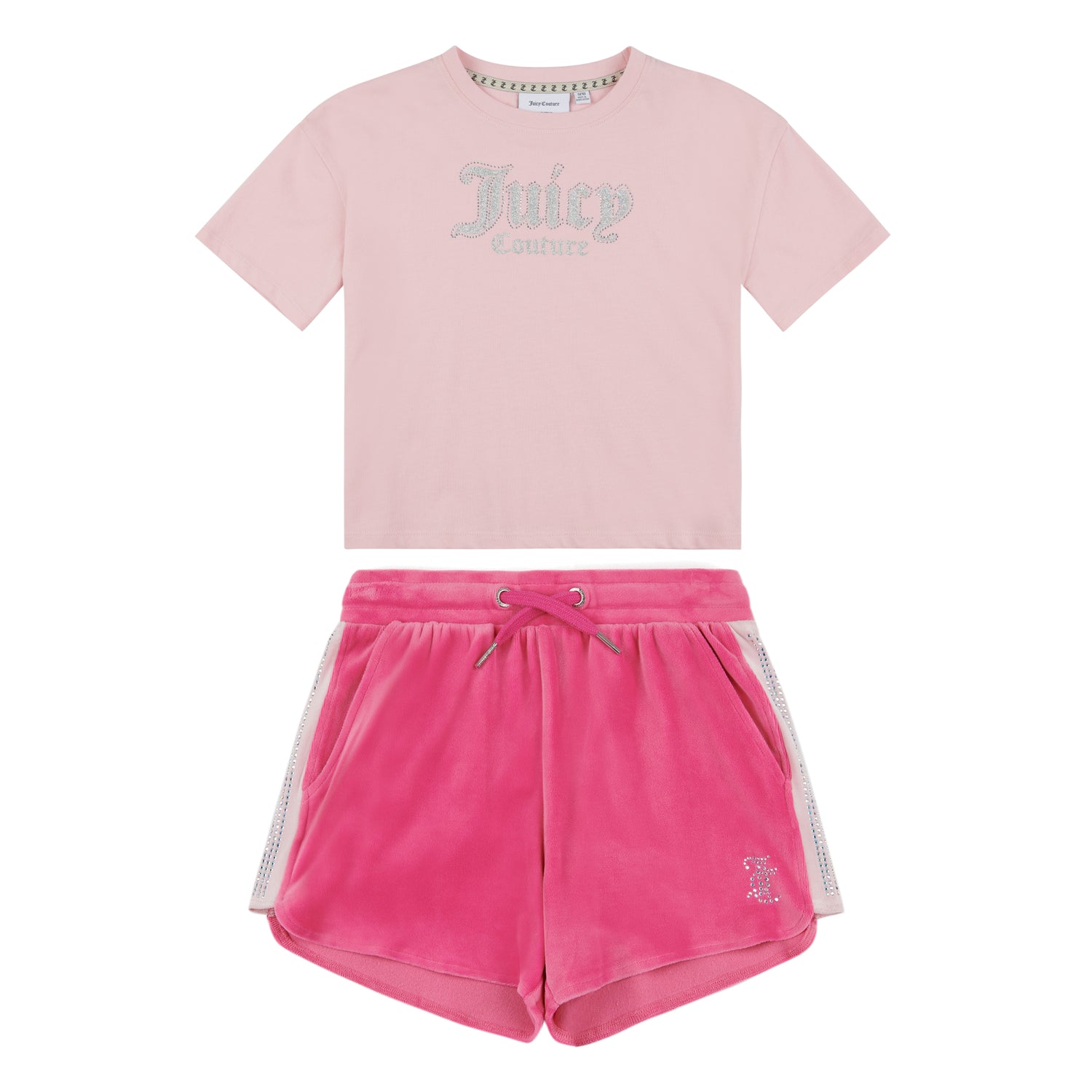 Blush pink girls T-shirt and fuchsia runner shorts set with rhinestone logo