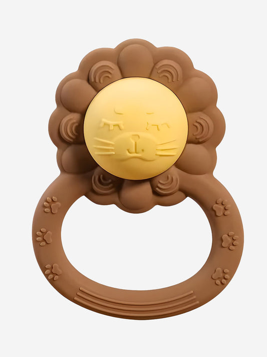 Brown lion baby rattle teether with textured mane and ring handle