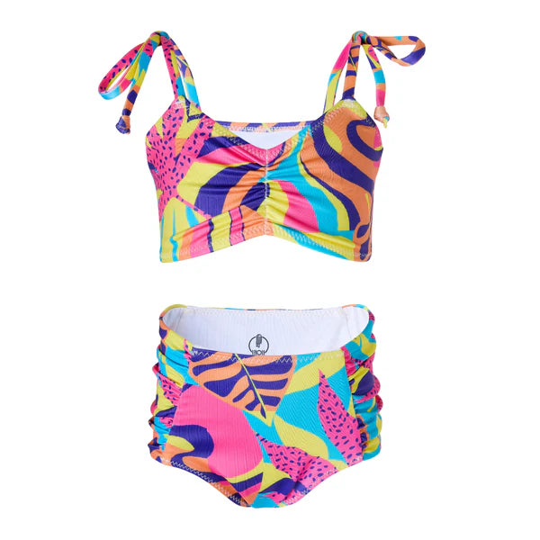 Girls luminous leaf bikini, tie-strap top and high-waist bottoms