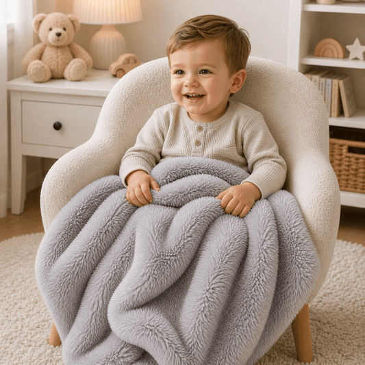 Grey faux fur baby blanket draped over toddler on plush chair