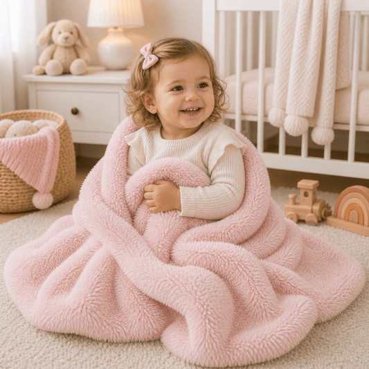Pink plush faux fur baby blanket, loosely draped on the floor