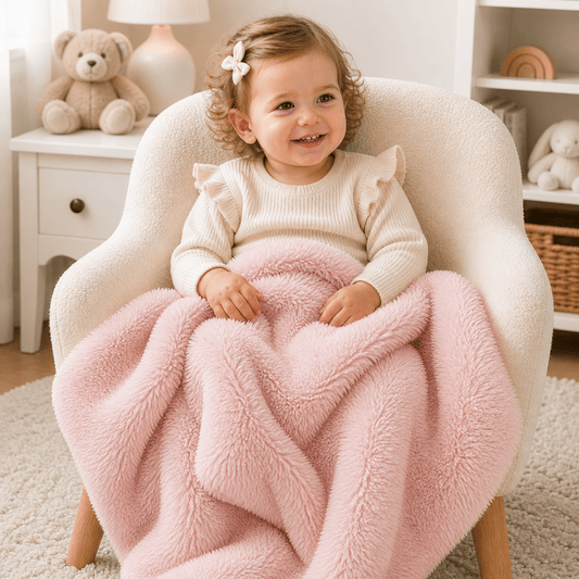Pink faux fur baby blanket with soft plush texture, folded and wrapped around a child