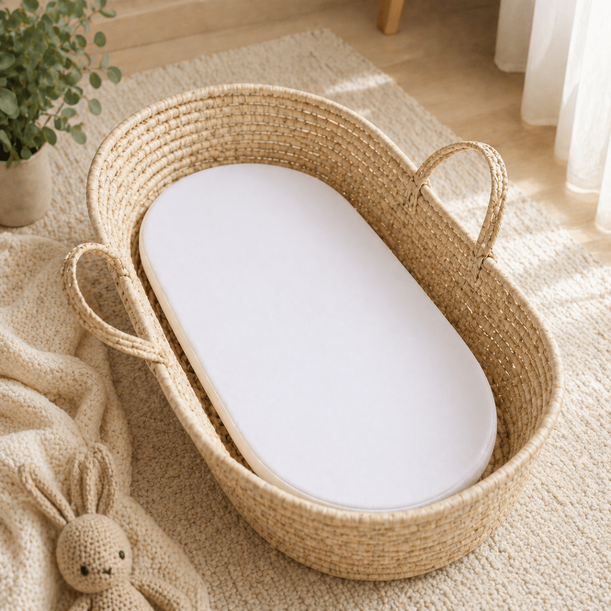 Moses basket mattress with white oval cover, 66 x 28 x 3 cm