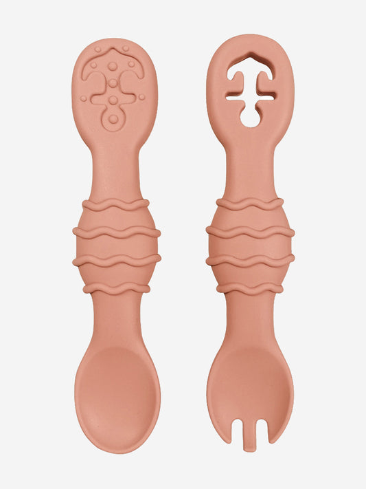 Orange silicone spoon and fork set with textured handles