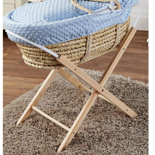 Natural Moses basket folding stand with woven basket and blue padded cover