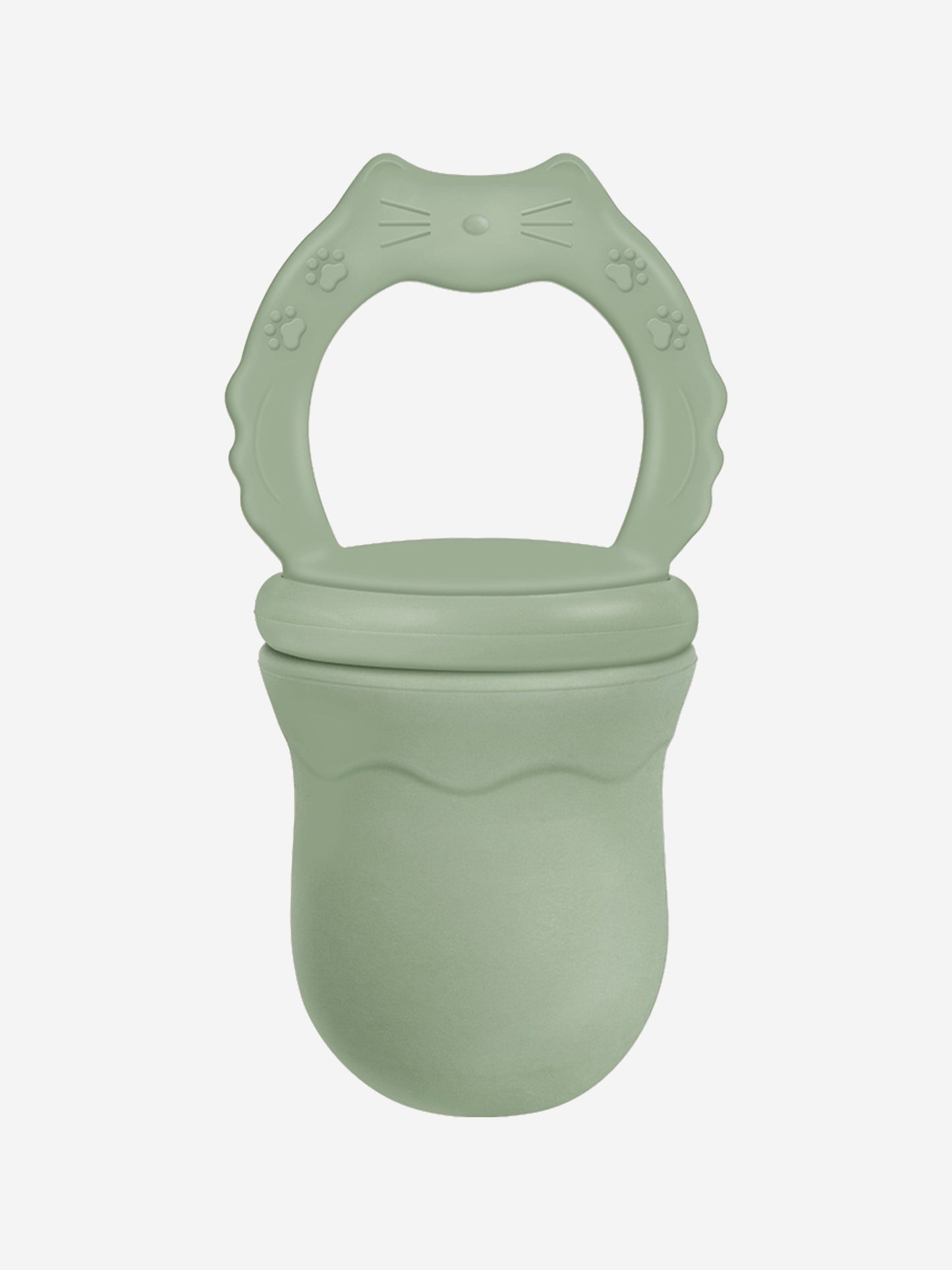 Green baby fruit feeding pacifier teether with cat-face design and paw prints