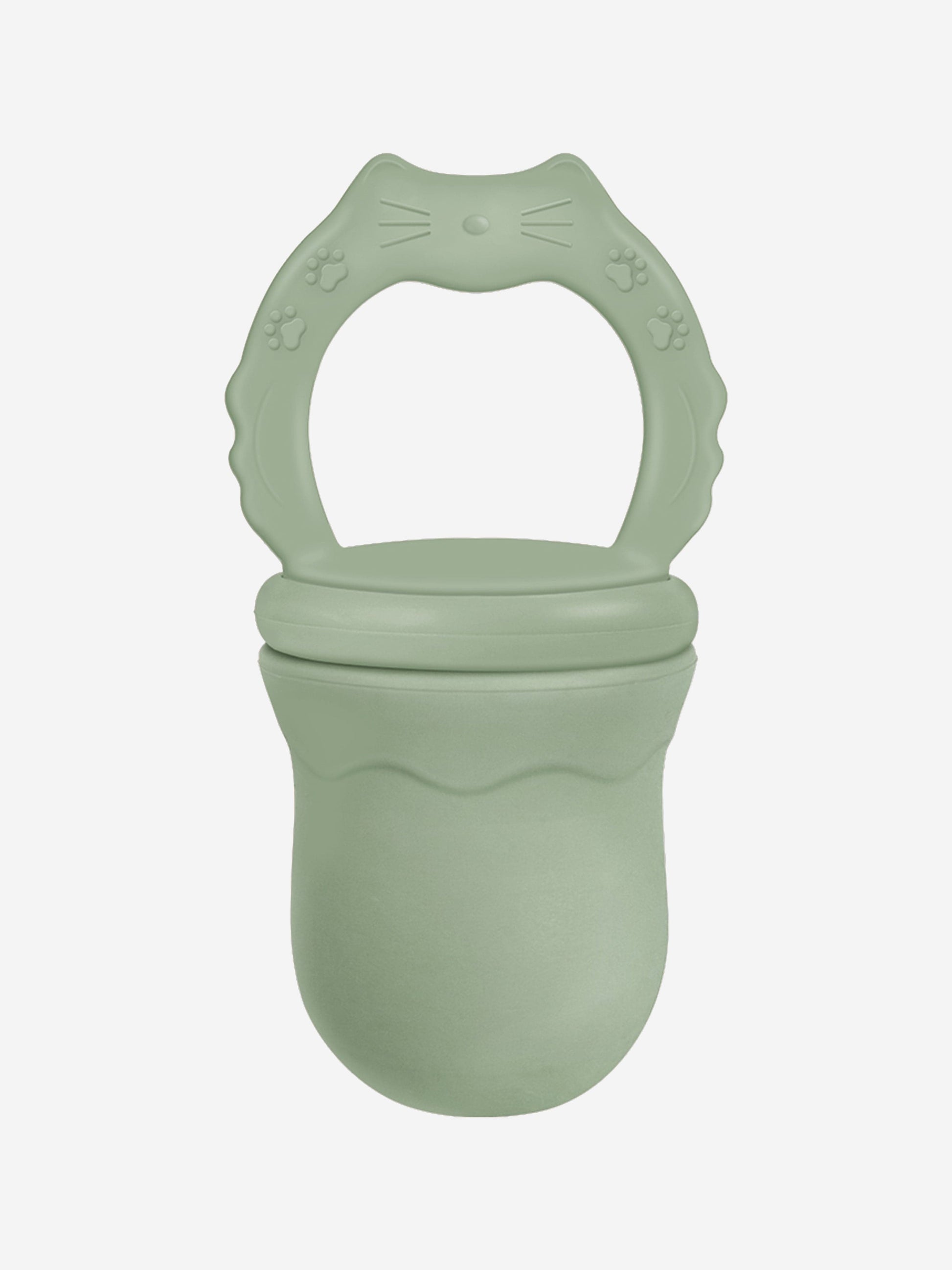 Green baby fruit feeding pacifier teether with cat-face design and paw prints