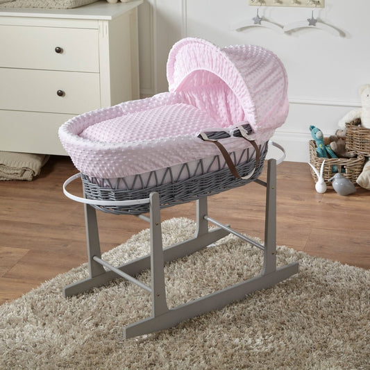 Pink and grey wicker baby Moses basket with stand and padded inner liner