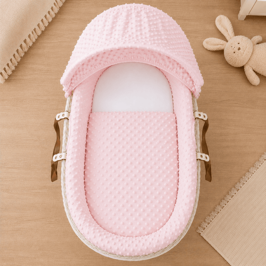 Pink moses basket bedding set with hood and padded bumper, dimple-texture fabric