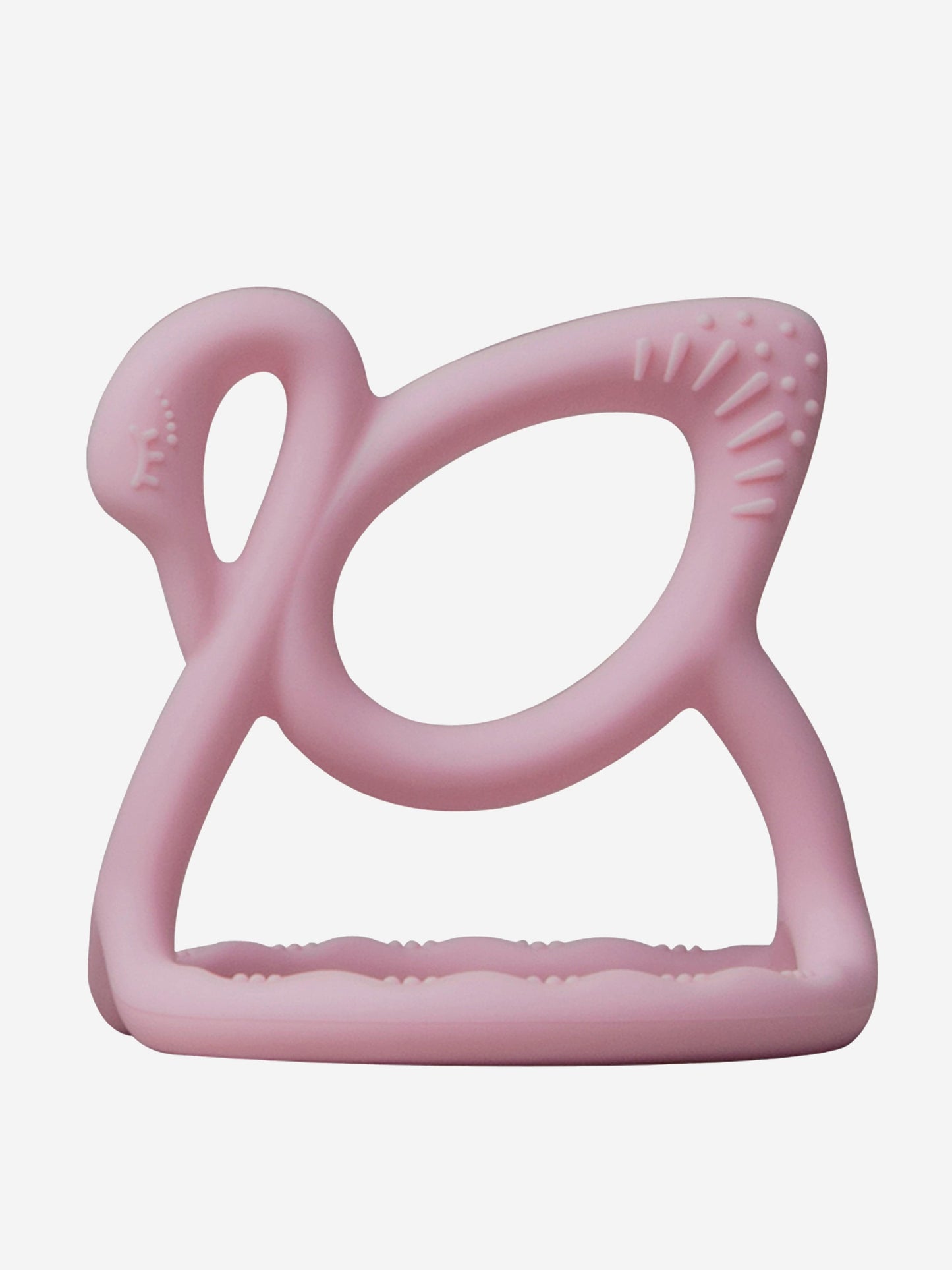 Pink swan-shaped baby teether with textured ridges for chewing