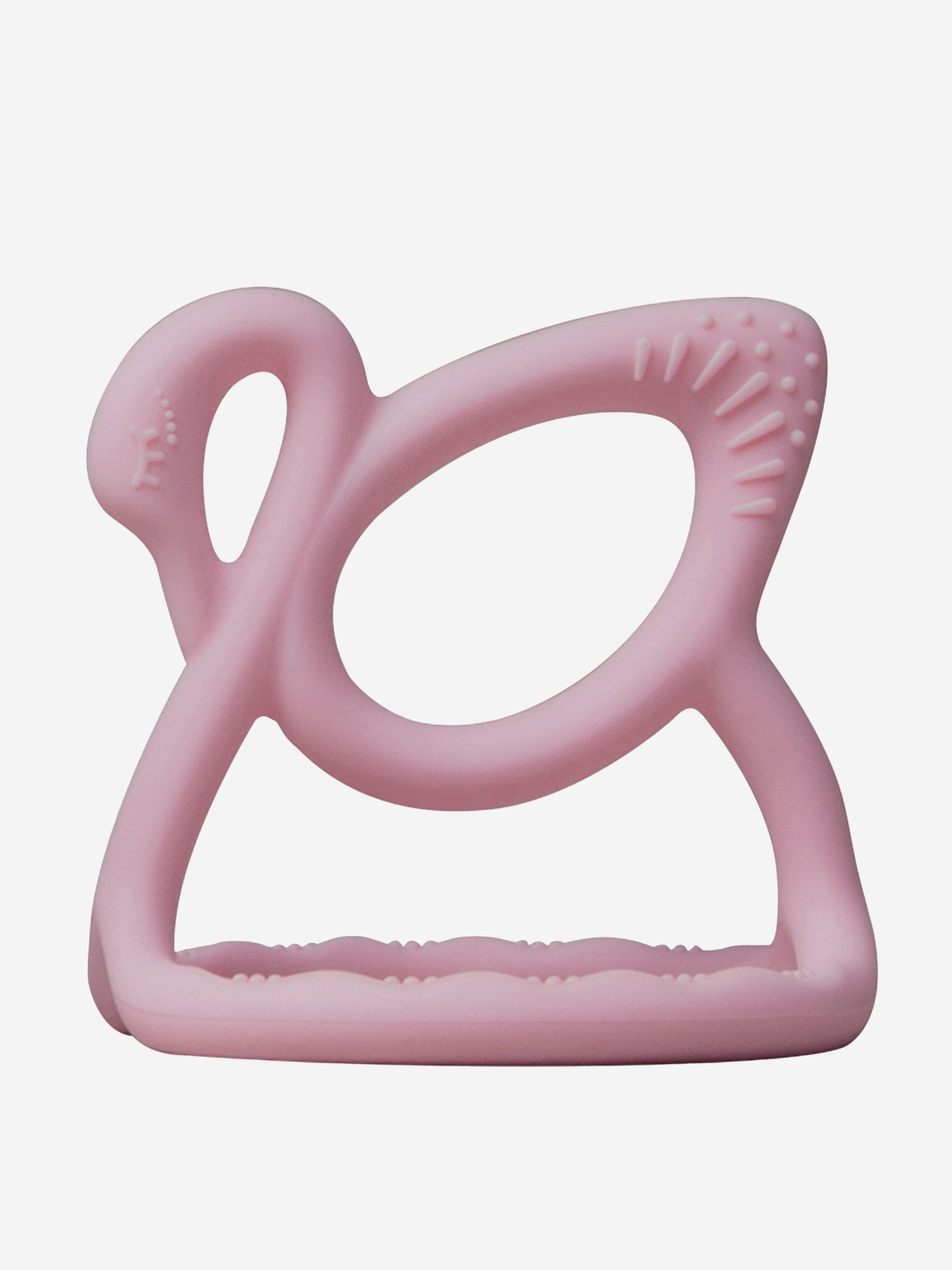 Pink swan-shaped baby teether with textured ridges for chewing