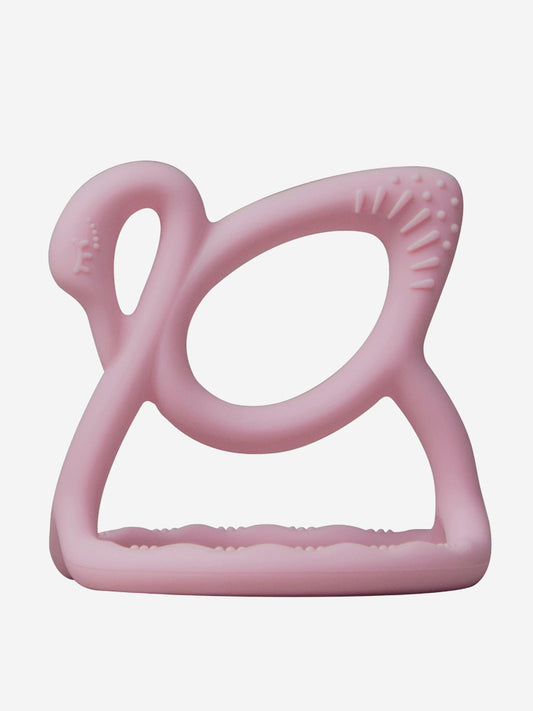 Pink swan-shaped baby teether with textured ridges for chewing