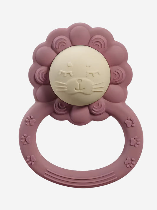 Pink lion-shaped baby rattle and teether with round face and paw ring