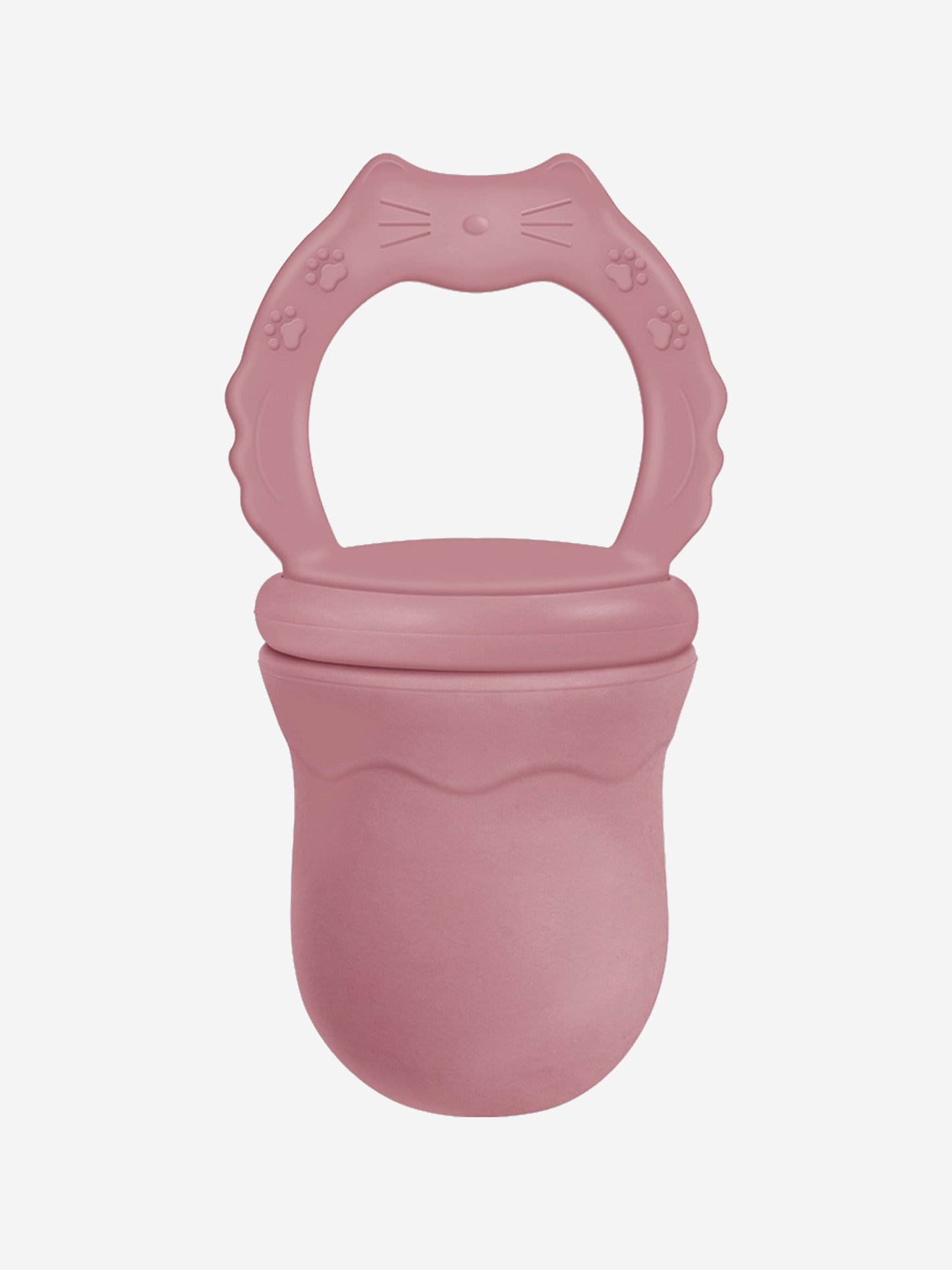Pink baby fruit feeding pacifier teether, cat face and paw details
