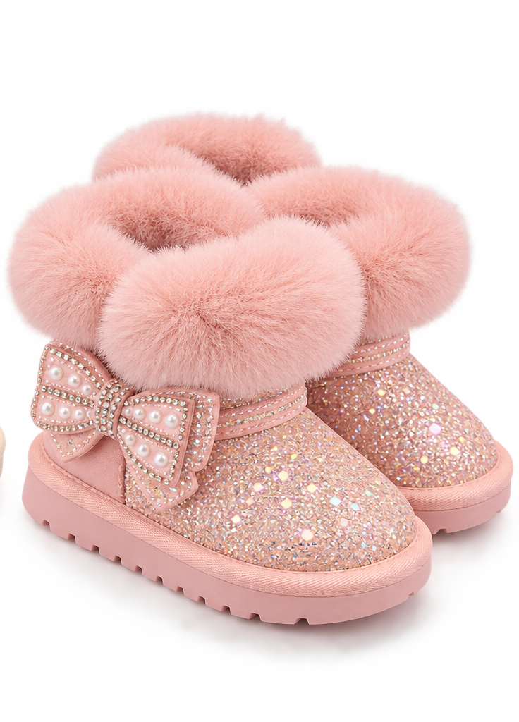 Girls pink glitter winter boots with bow and plush faux-fur cuff
