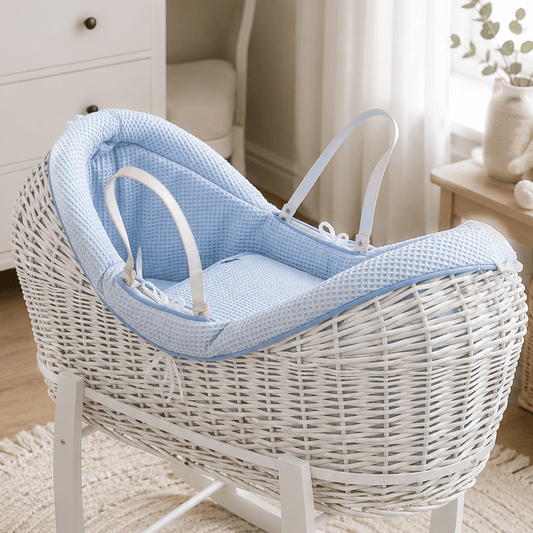 Blue waffle moses basket bedding set with fitted inner pad and side bumper