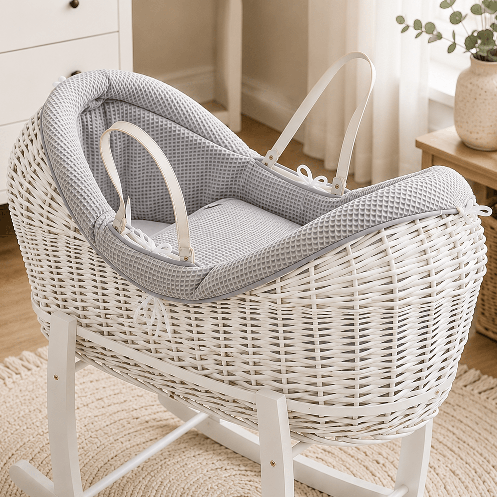Grey waffle Moses basket bedding set with fitted bumper and quilt, soft padding