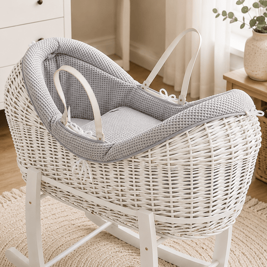 Pod Grey waffle Moses basket bedding set with padded bumper and quilt ties