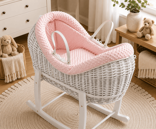 Pink dimple Moses basket bedding set: padded liner, bumper and quilt
