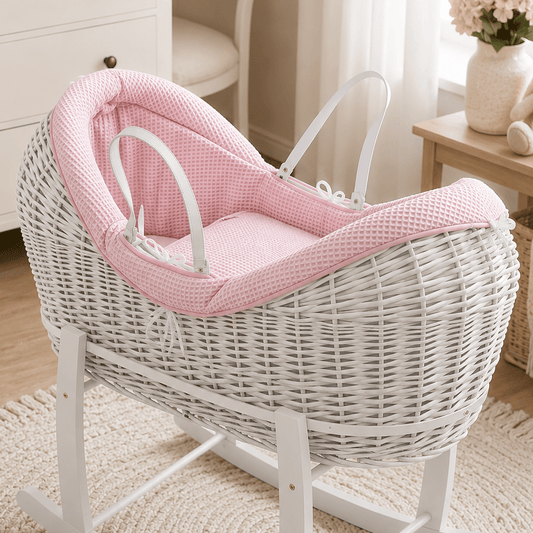 Pod Pink waffle Moses basket bedding: padded bumper and quilt, pale pink