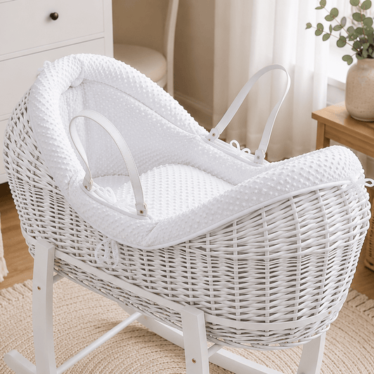 White dimple moses basket bedding set with fitted inner and curved bumper