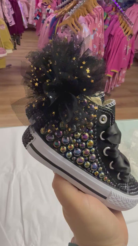 Dolly Bling Canvas Baseball Boots Black Tulle & Pearls