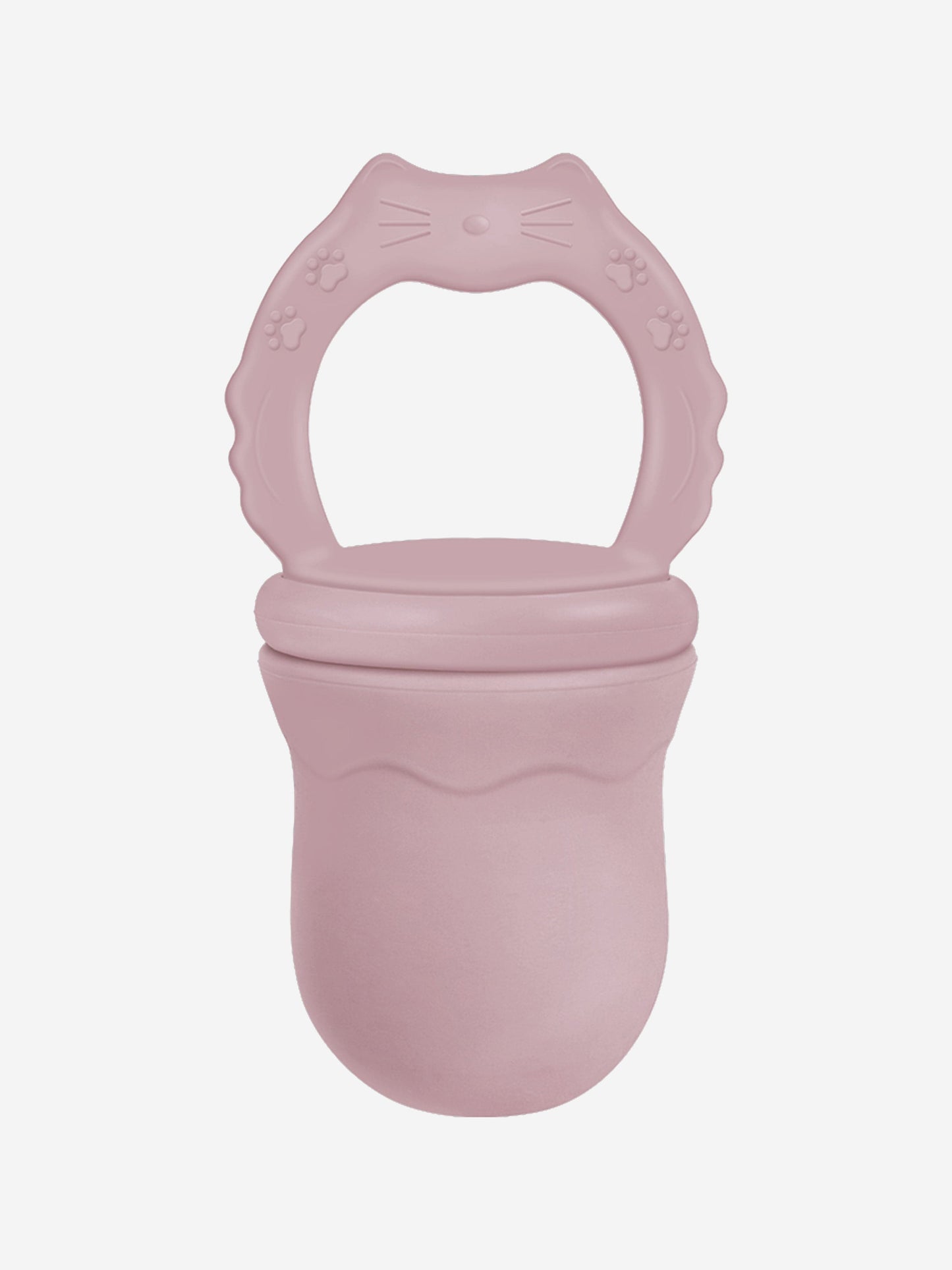 Purple baby fruit feeding pacifier teether with paw and cat-face details