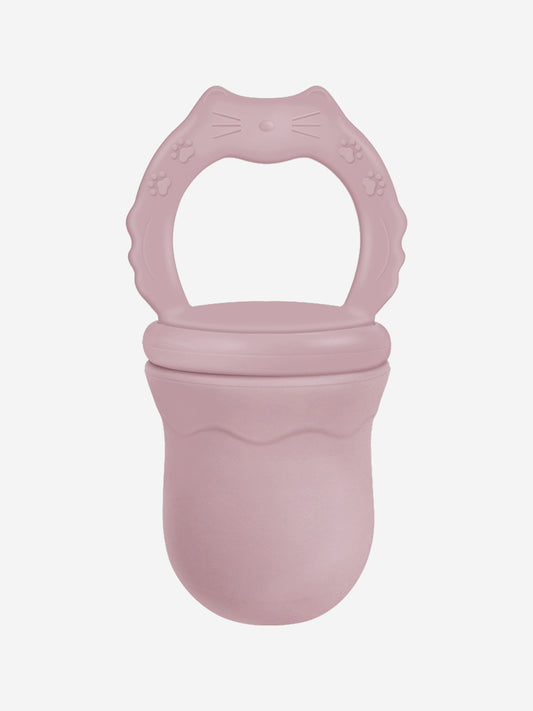 Purple baby fruit feeding pacifier teether with paw and cat-face details