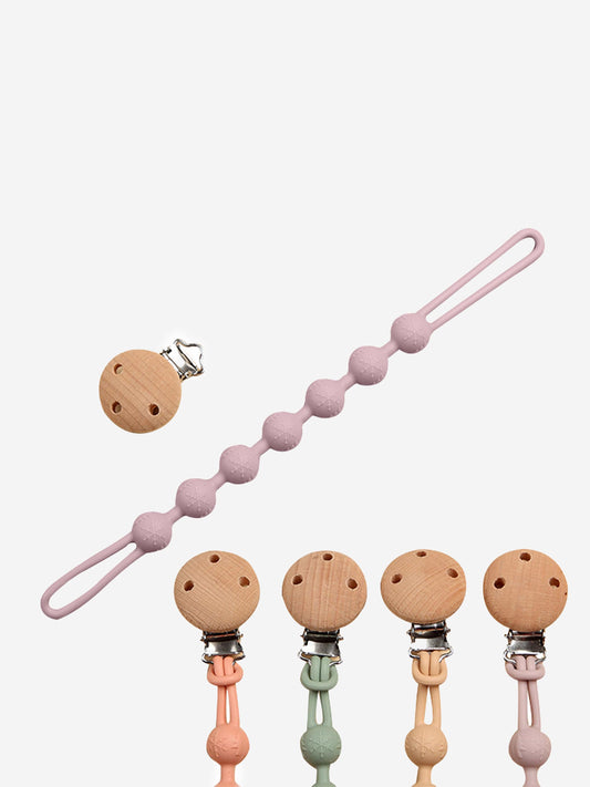 Purple baby pacifier clip with silicone teether beads and round wooden disc