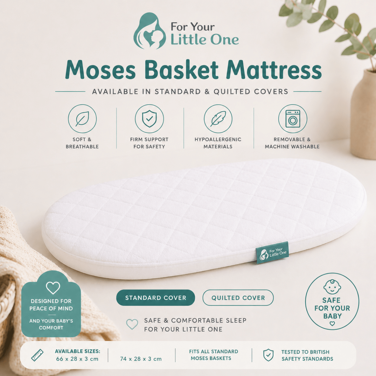 Moses basket mattress with quilted cover, white oval mattress pad