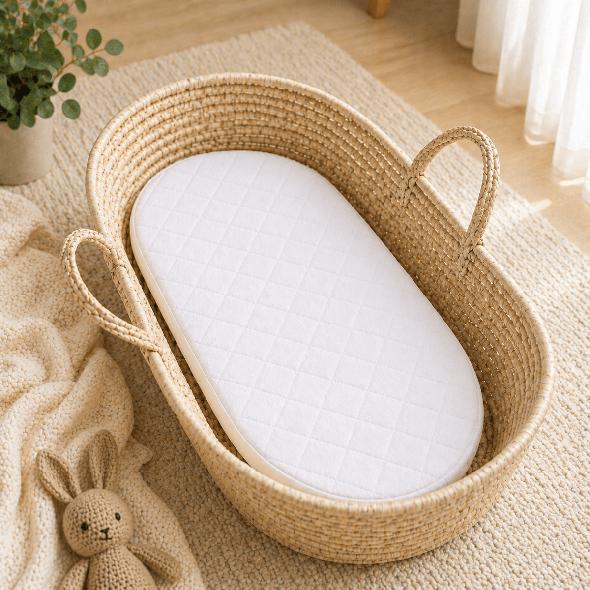 Quilted Moses basket mattress, white padded oval pad for crib