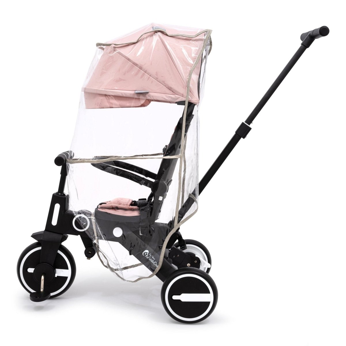 Universal trike rain cover with clear plastic sides and pink seat insert, rain hood top