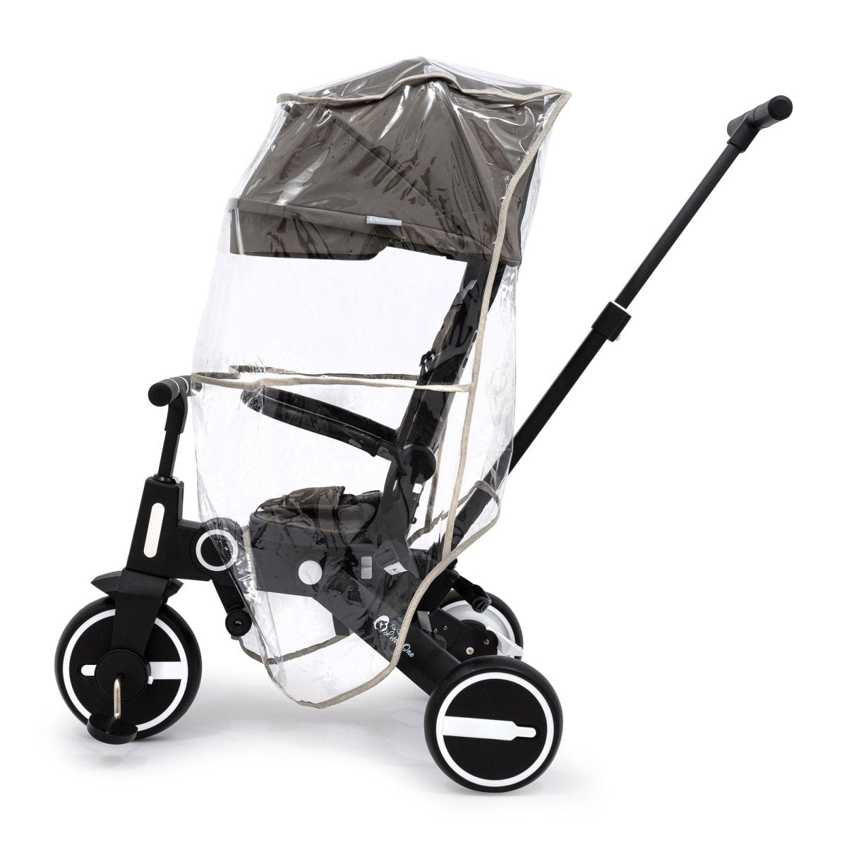 Universal trike rain cover with clear front panel and dark seat insert, side zipper opening