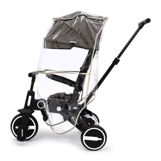 Universal trike rain cover with clear front panel and dark seat insert, side zipper opening