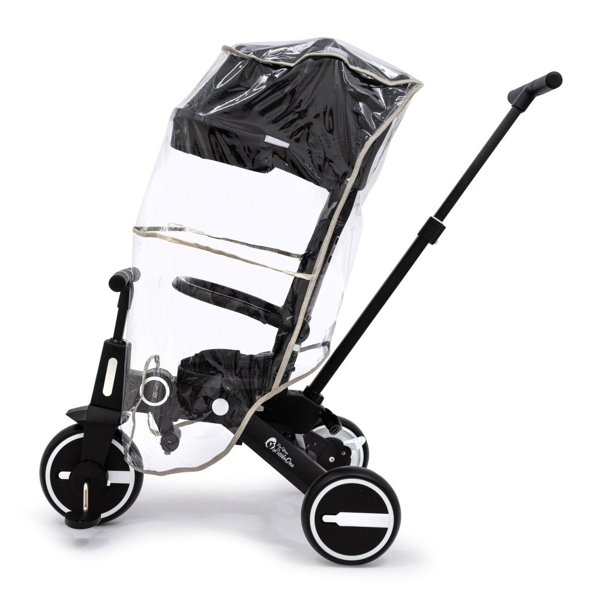Universal trike rain cover with clear plastic sides and dark canopy top, stroller seat covered
