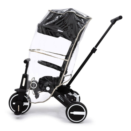 Universal trike rain cover with clear plastic sides and dark canopy top, stroller seat covered