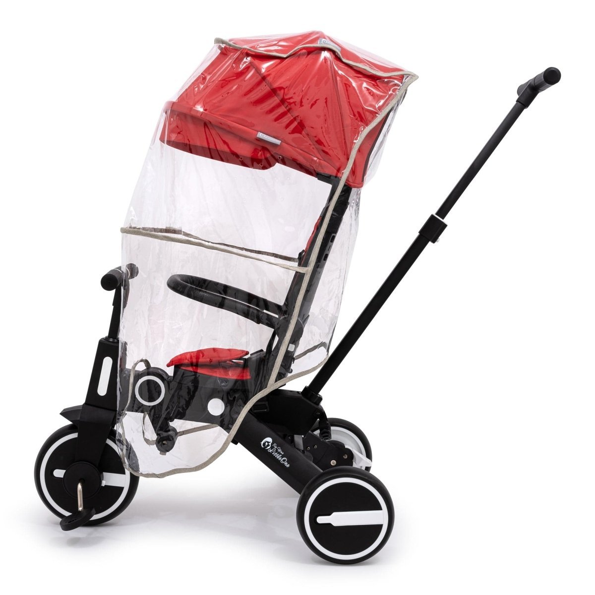 Universal trike rain cover with clear panels and red canopy top, stroller seat fully covered