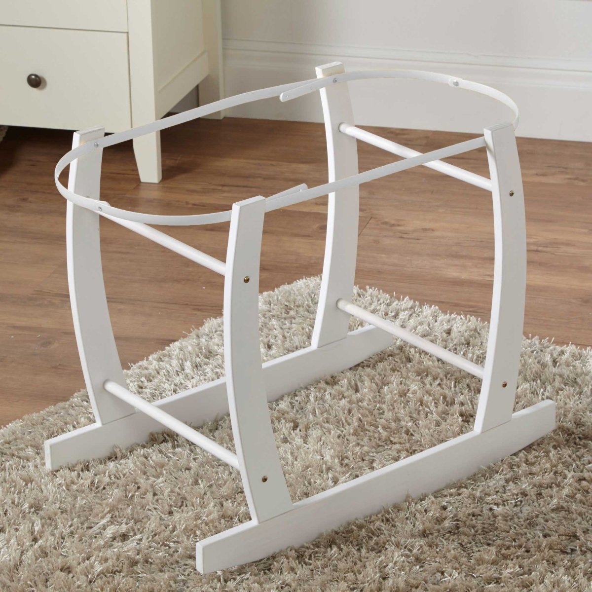 White deluxe Moses basket rocking stand frame with curved rails and support legs